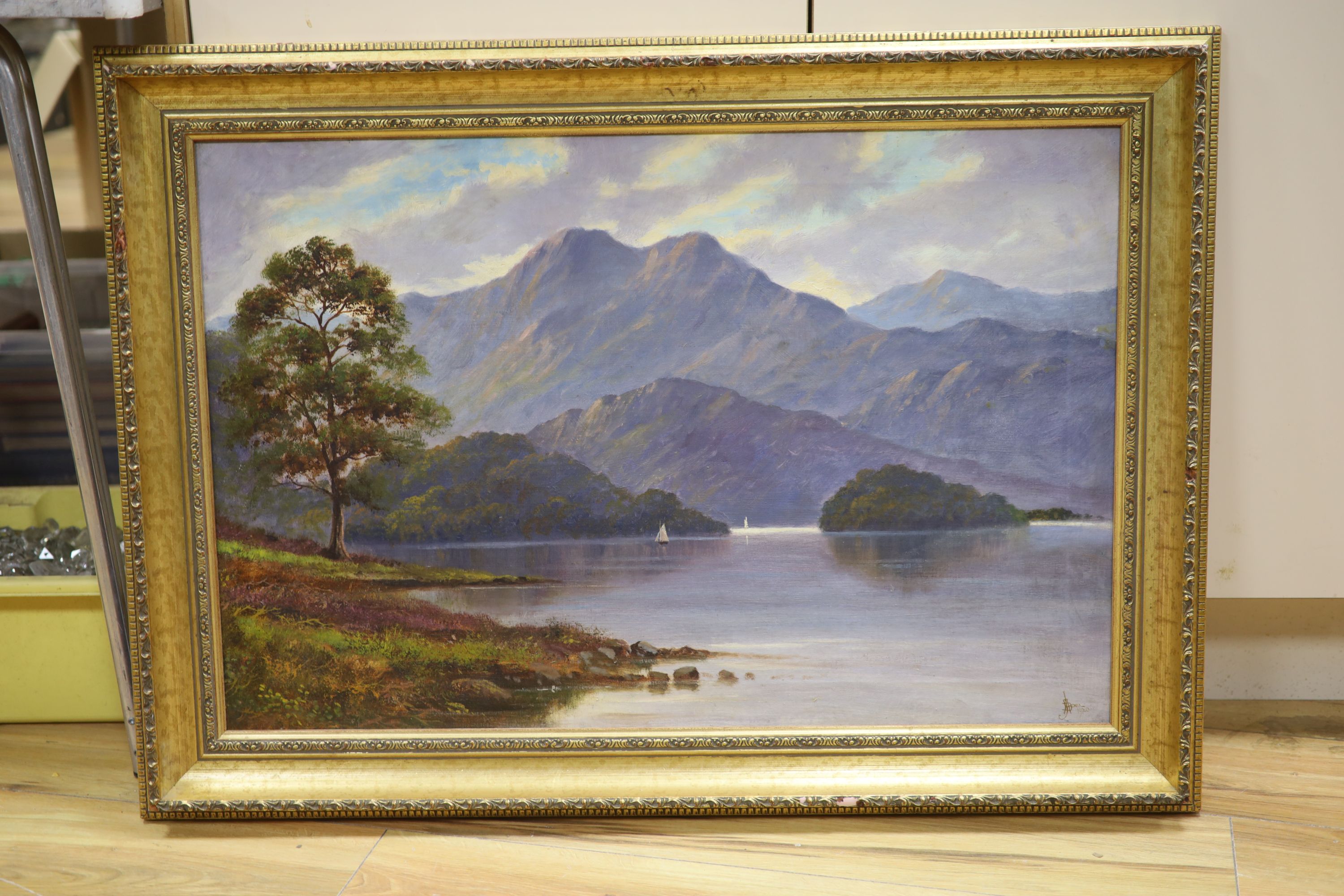 John Henry Boel (1853-1922), oil on canvas, Lake scene with sailing boat, signed and dated 1920, 50 x 75cm